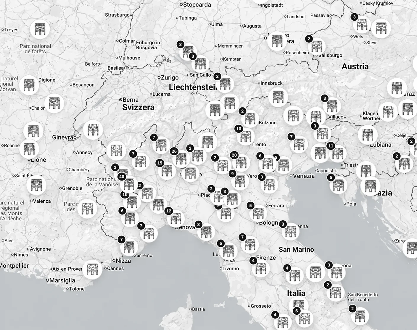 Mappa in bianco e nero dei rivenditori Borsari con i punti vendita e i marker raggruppati per zona