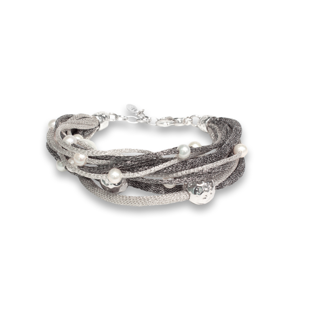 Bracciale Borsari Gioielli in argento 925 e filato metallico con perle bianche