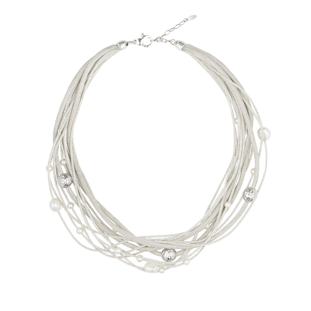 Collana Borsari Gioielli in argento 925 e filato metallico con perle bianche